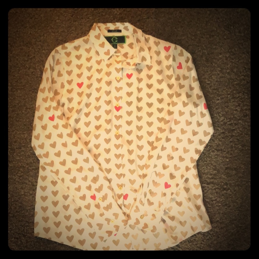 Long Sleeve Button Up Silk Blouse with Hearts